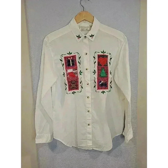 Vtg Casey And Max Size Medium Button Down Collared Embroidered Shirt Holiday - Picture 1 of 5